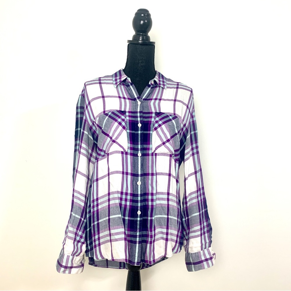 Express S Soft White Blue Purple Plaid Casual Shirt